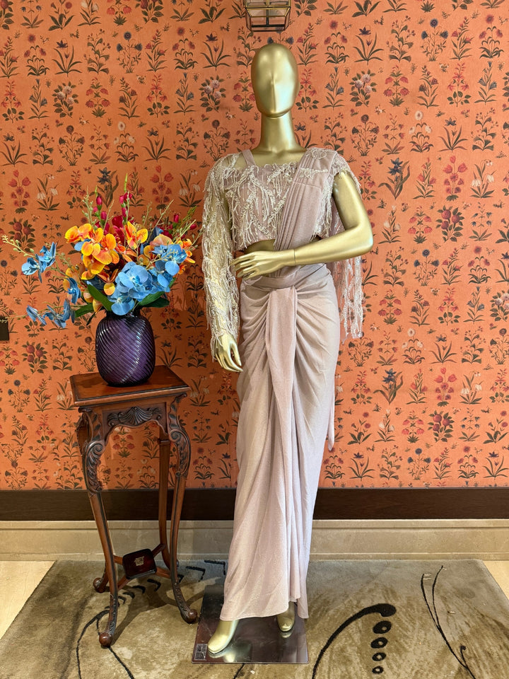 Dusty Mauve Shimmer Draped Saree with Beaded Fringe Embroidered Cape Blouse