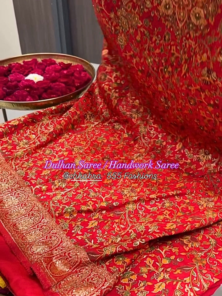 Royal Red Bridal Saree with Heavy Zari Hand Embroidery & Peacock Motif Work