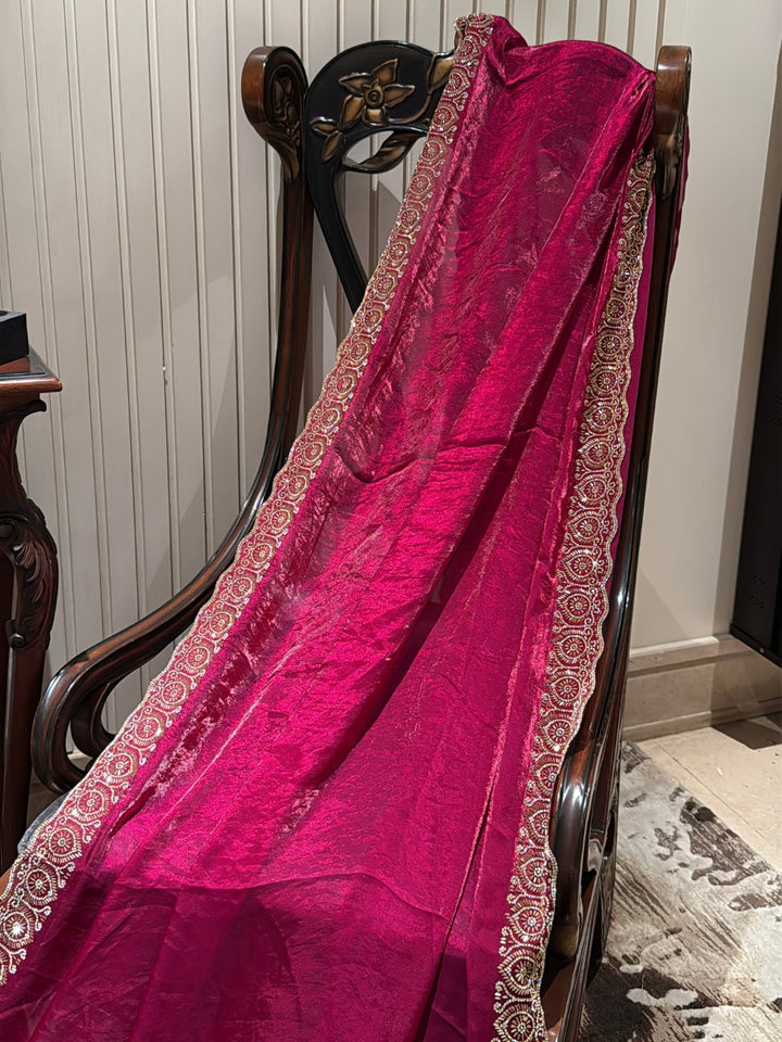 Magenta Shimmer Tissue Saree with Heavy Gold Sequin Circular Embroidered Scallop Border