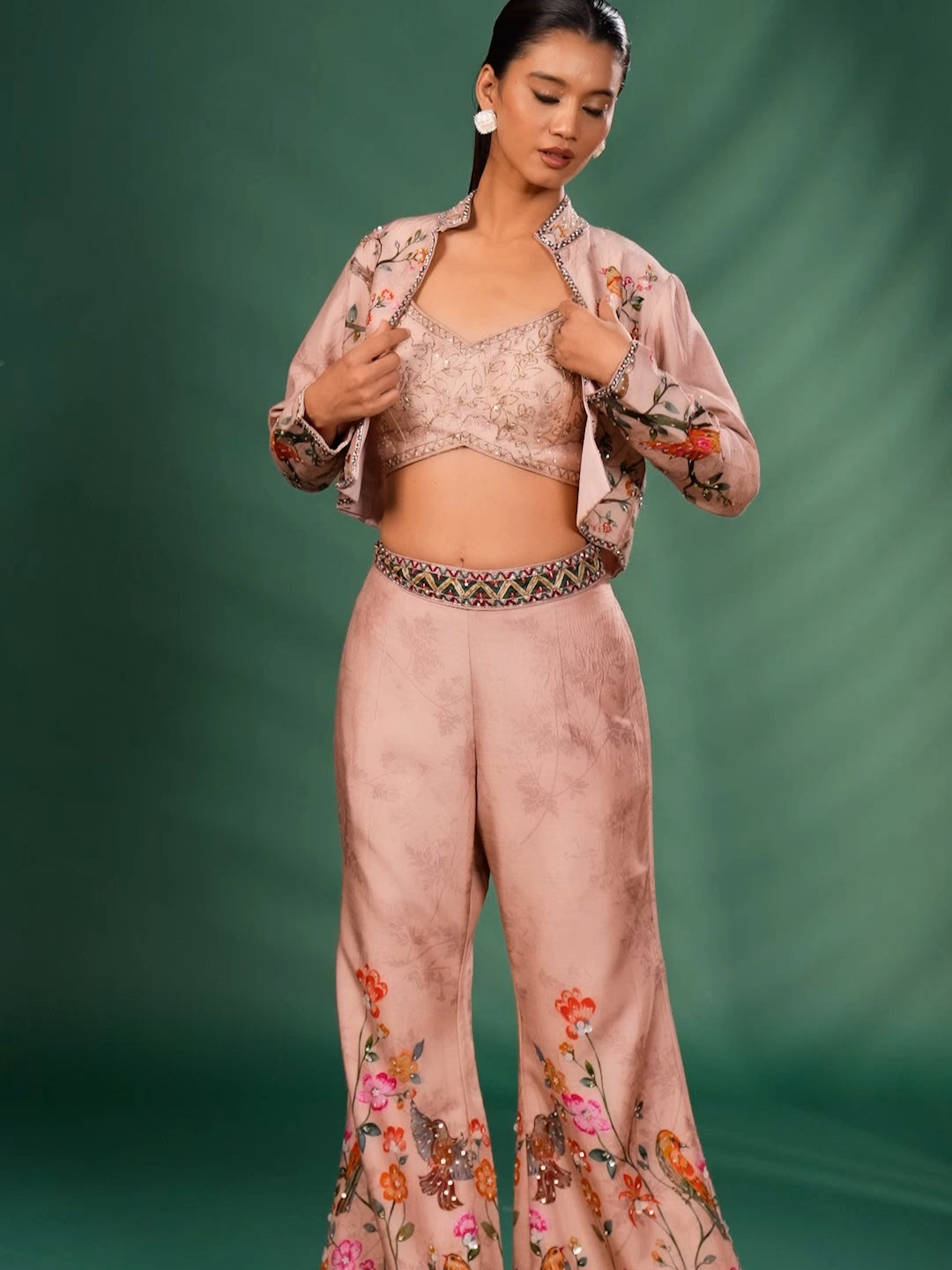 Embroidered Crop Top Jacket Set with Floral Motifs and Flared Trousers