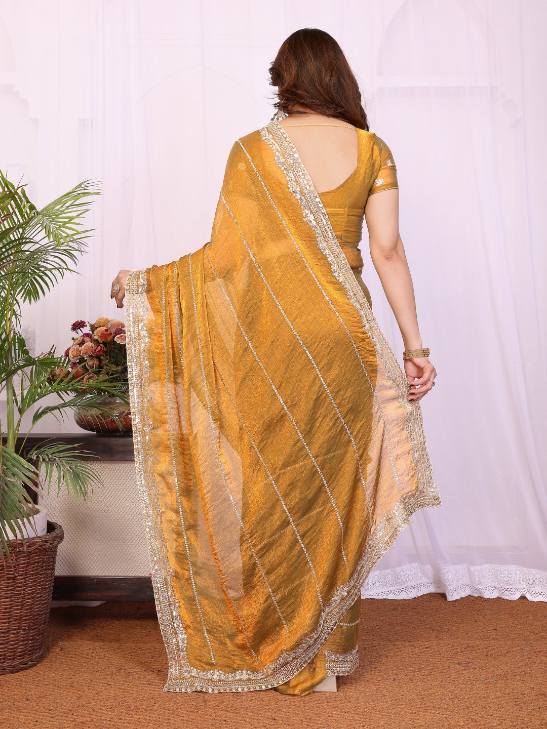 Shimmer Saree with Diagonal Sequin Lines & Heavy Stone Embroidered Border