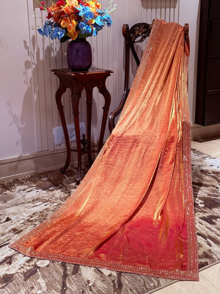 Shimmer Georgette Saree with Sequin Bead Strip Border, Dual Tone Finish