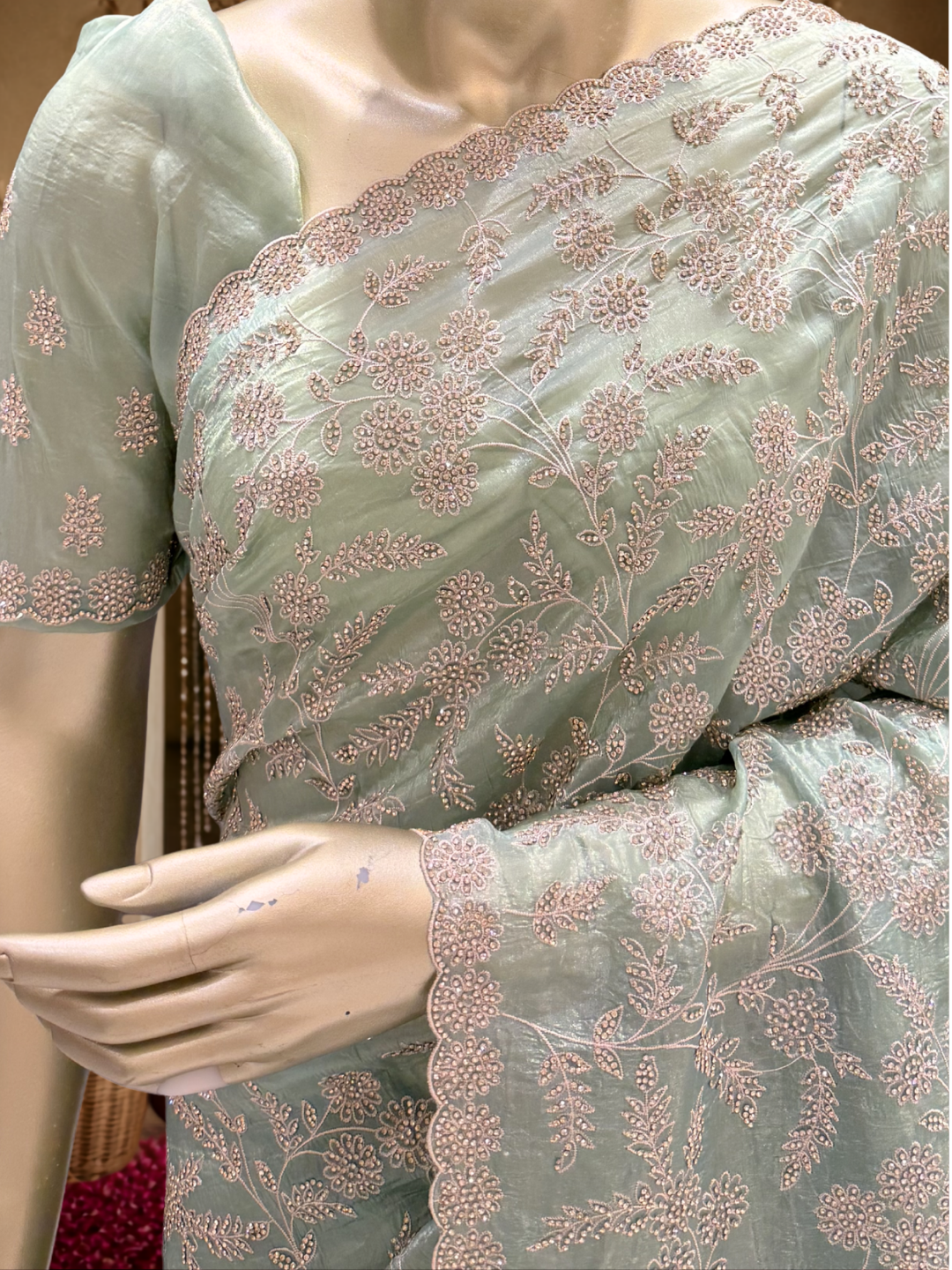 Organza Silk Thread & Sequin Floral Embroidered Saree with Blouse Piece in Mint Green