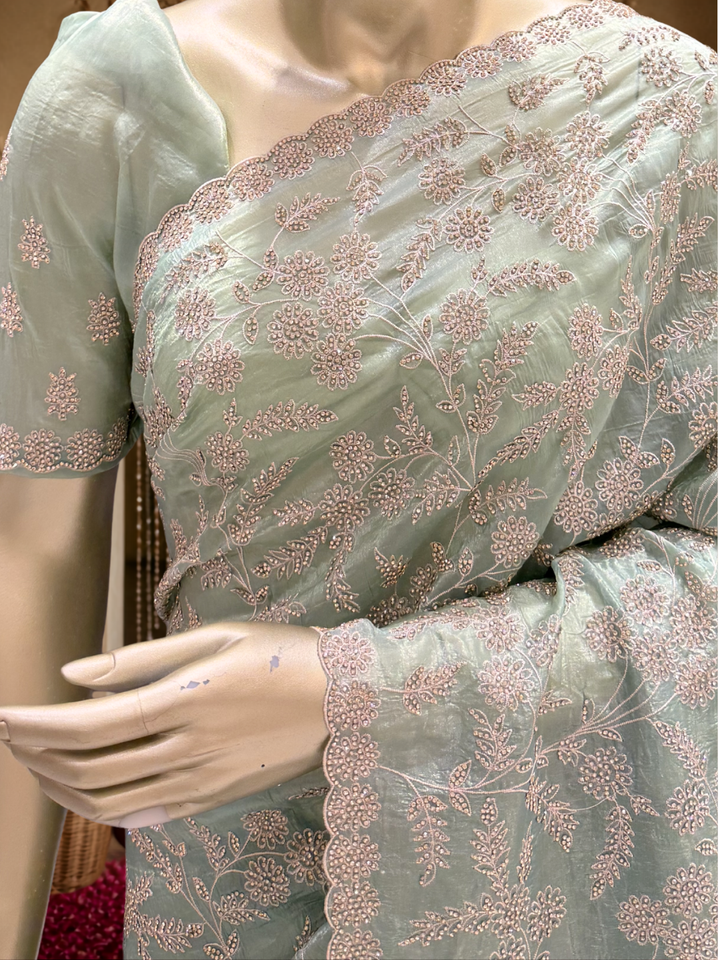 Organza Silk Thread & Sequin Floral Embroidered Saree with Blouse Piece in Mint Green