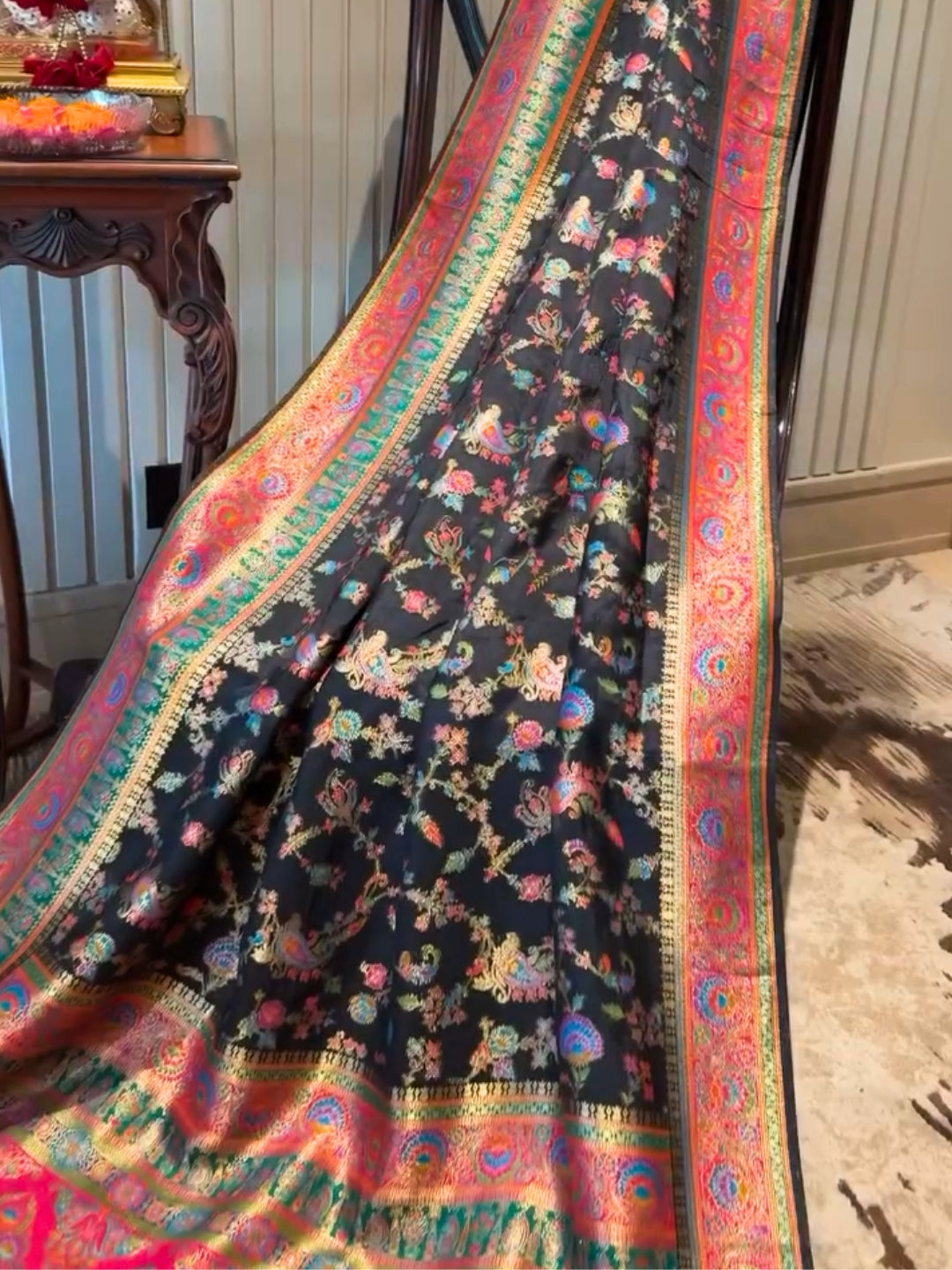 Elegant Black Banarasi Silk Saree with Multicolor Meenakari Jaal & Peacock Motif Zari Border