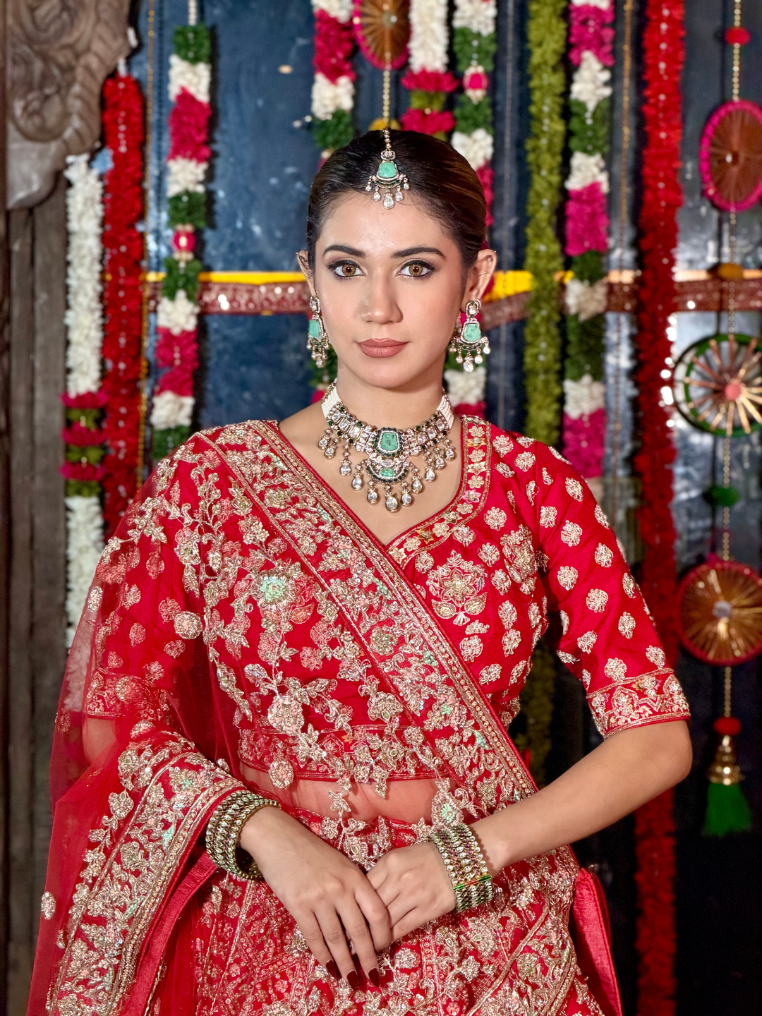Silk Heavy Zari, Sequin & Mirror Embroidered Floral & Arch Motif Lehenga Choli with Dupatta in Red
