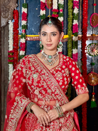 Silk Heavy Zari, Sequin & Mirror Embroidered Floral & Arch Motif Lehenga Choli with Dupatta in Red