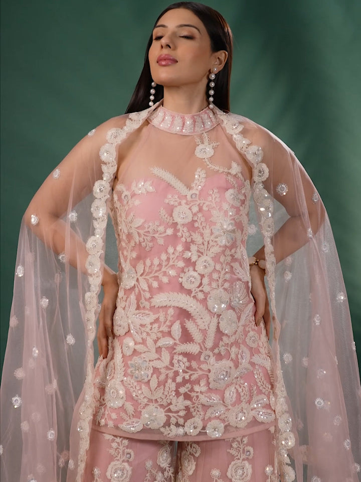 Thread Embroidered & Sequins Sharara Suit Set with  Embellished Dupatta