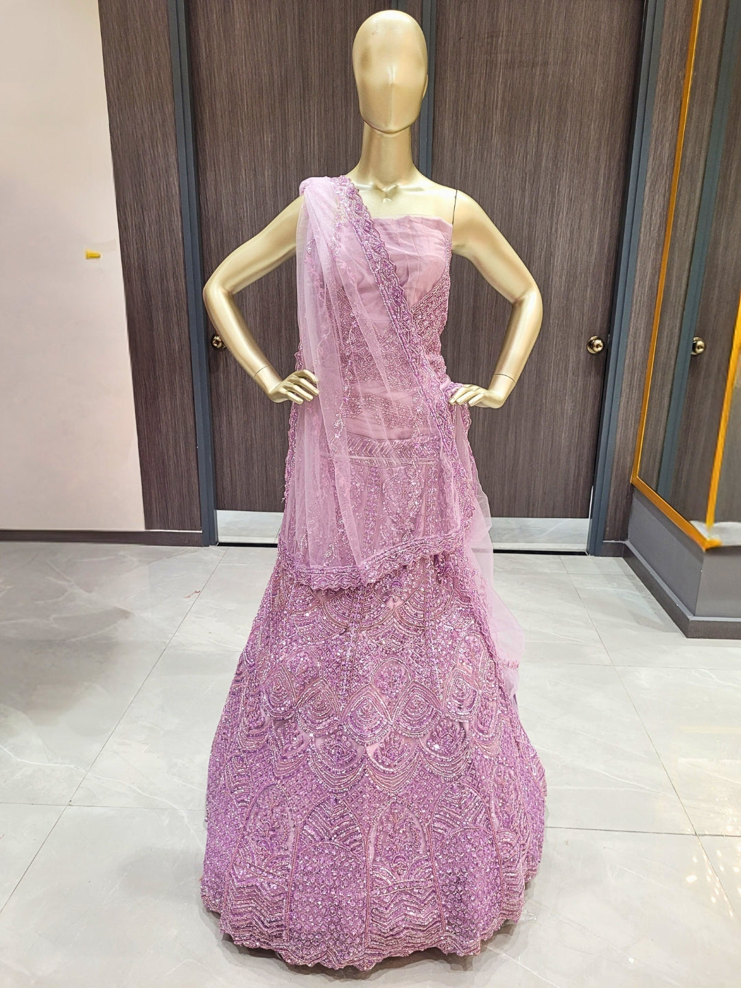 Sequins & Beads Embroidered Net Lehenga with Dupatta & unstitched Blouse