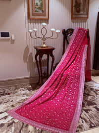 Pinkish Red Saree with Heavy Golden Zari Embroidery & Ornate Floral Motif Border Work