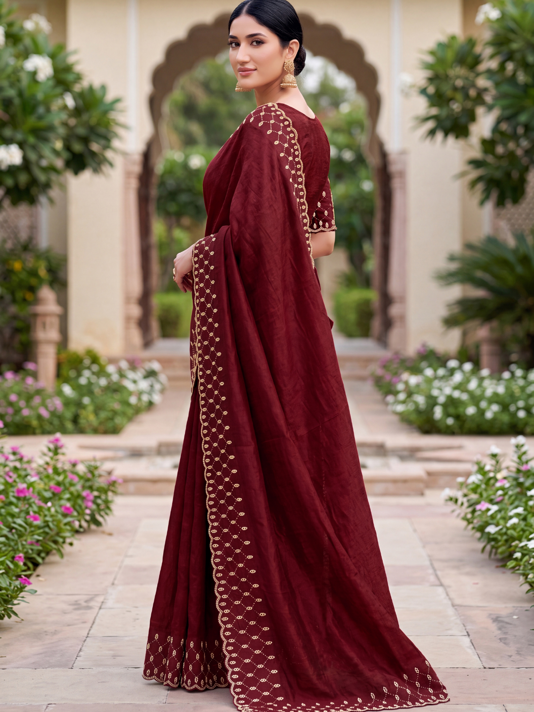 Maroon Sequin Embroidered Scalloped Border Saree with Embroidered Blouse peice