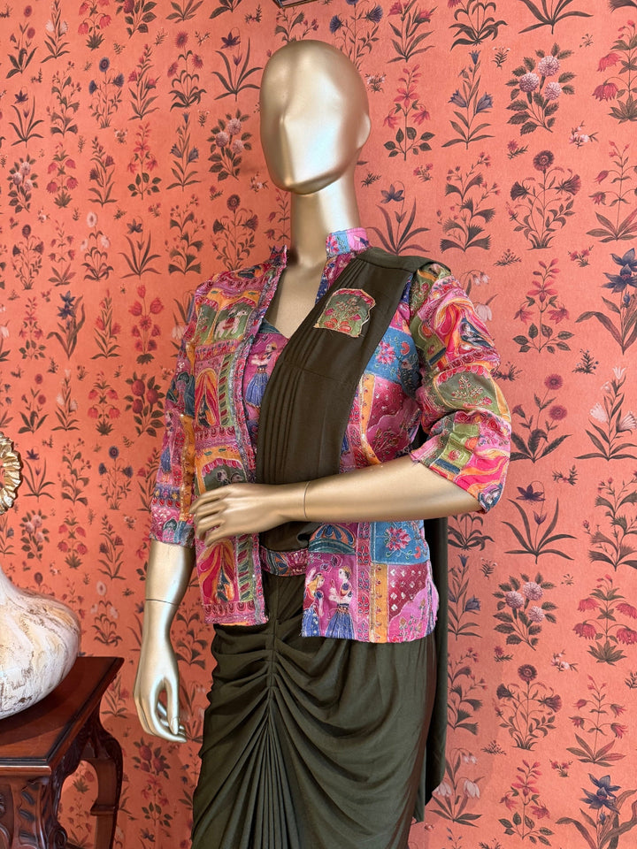 Olive Drape Saree with Multicolour Rajasthani Print Jacket, Pintucks and Gathered Pleats