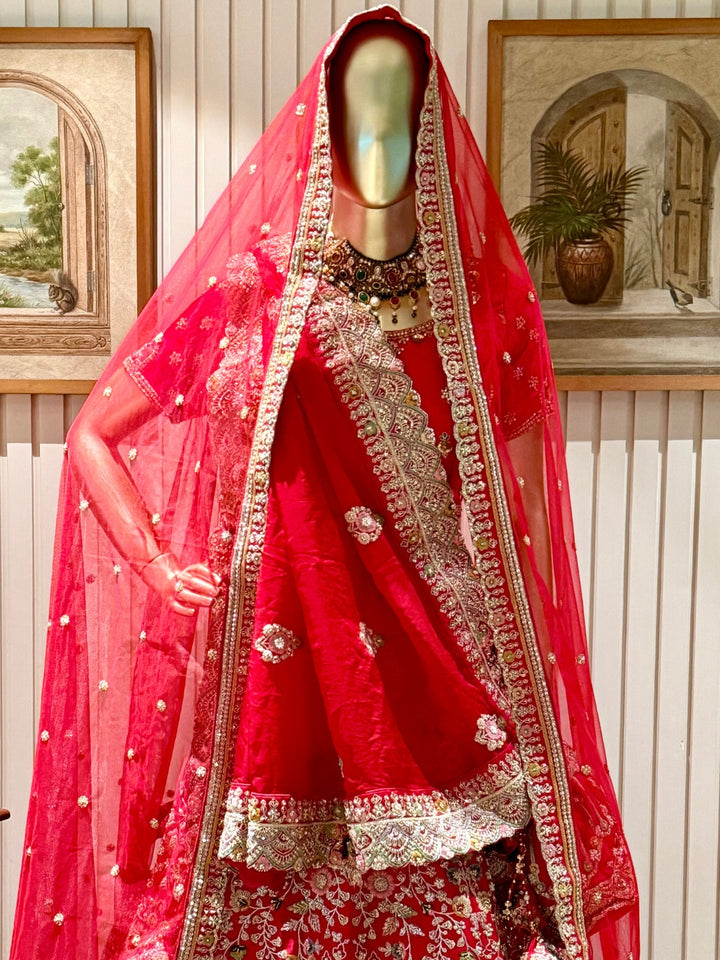 Bridal Lehenga with Heavy Peacock Embroidery, Floral Zardozi Work & Embellished Dupatta