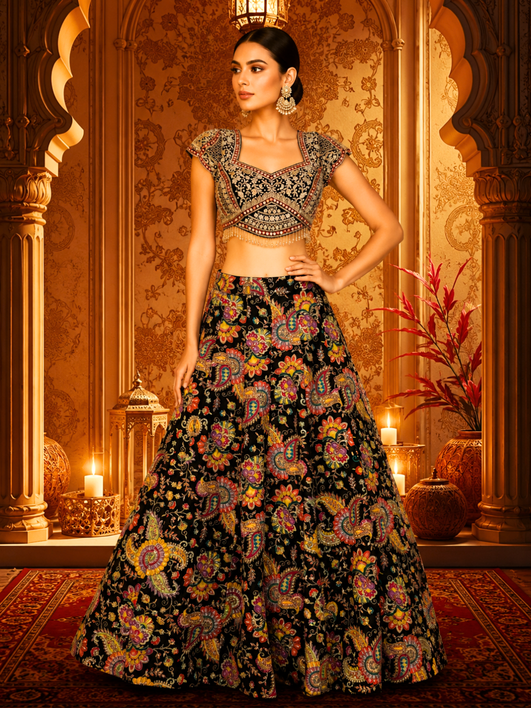 Black Silk Lehenga Choli with Multicolour Resham Paisley & Floral Print, Zari & Pearl Embroidered Blouse with Black Dupatta