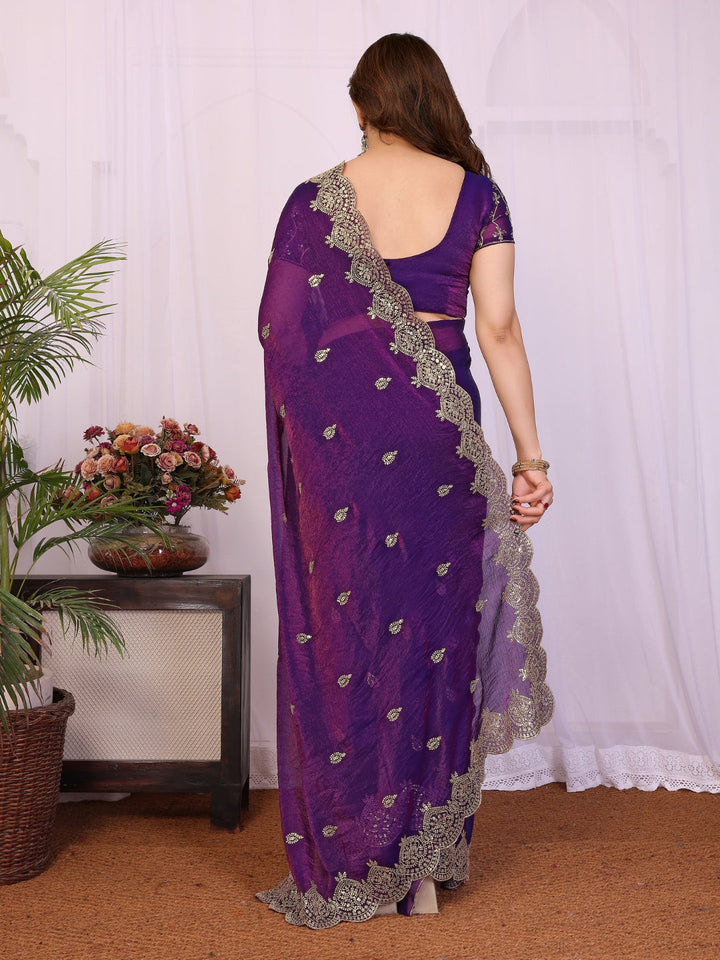 Shimmer Saree with Antique Gold Embroidered Butis & Heavy Scalloped Border
