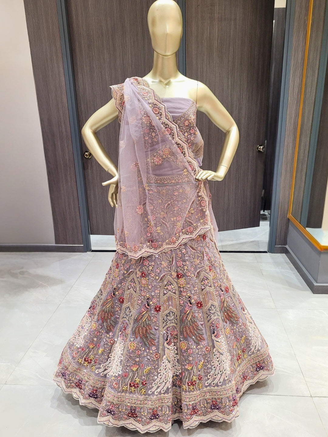 Lavender Embroidered Lehenga with Peacock Motifs & Beaded Floral Work