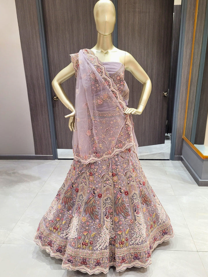 Lavender Embroidered Lehenga with Peacock Motifs & Beaded Floral Work