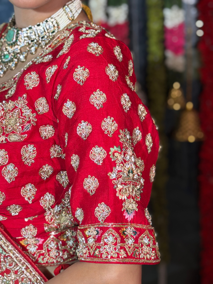 Silk Heavy Zari, Sequin & Mirror Embroidered Floral & Arch Motif Lehenga Choli with Dupatta in Red