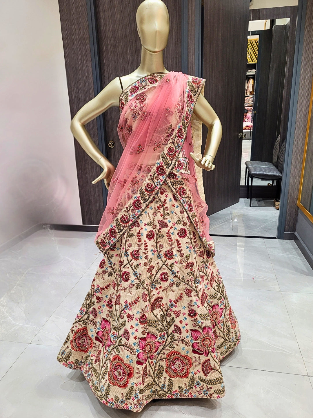 Floral Zari & Sequin Work Embroidered Lehenga with Dupatta & unstitched Blouse