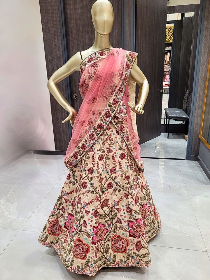 Floral Zari & Sequin Work Embroidered Lehenga with Dupatta & unstitched Blouse