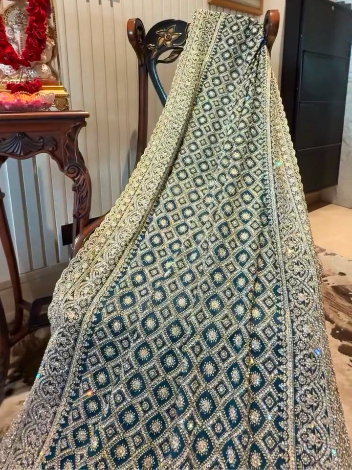 Embroidered Teal Saree with Allover Jaal Floral Motifs