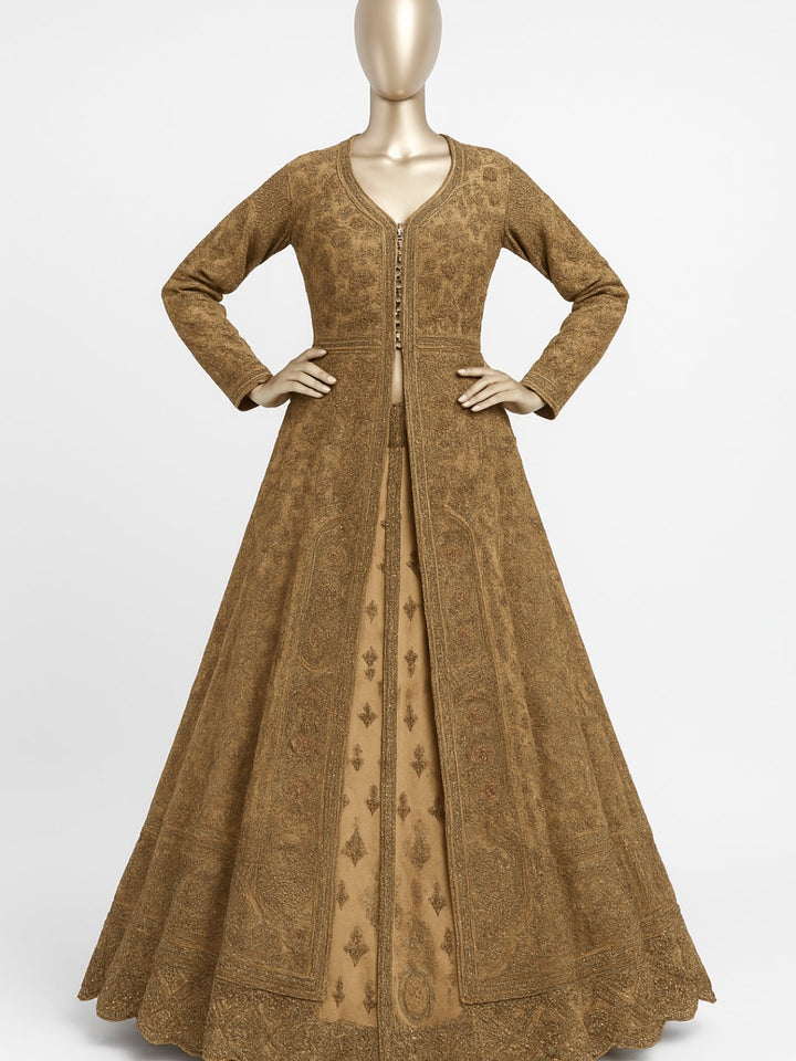Antique Gold Zardozi Embroidered Long Jacket Gown with Intricate Detailing