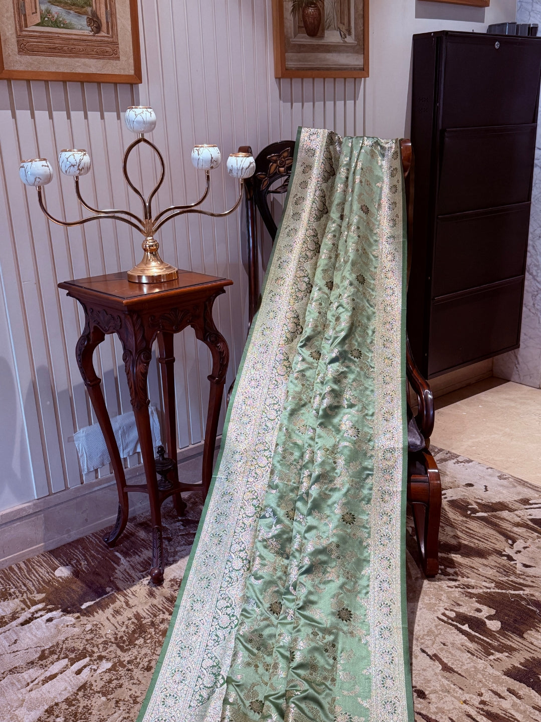Sage Green Banarasi Art Silk Saree with Antique Gold Zari Floral Motifs & Brocade Border