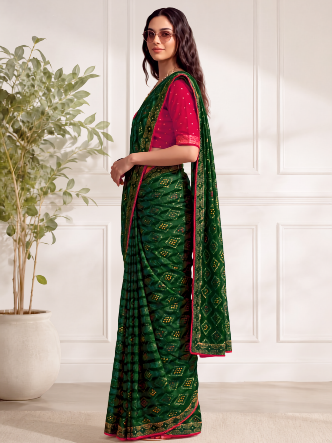 Green Bandhani Printed Saree with Contrast Pink Border