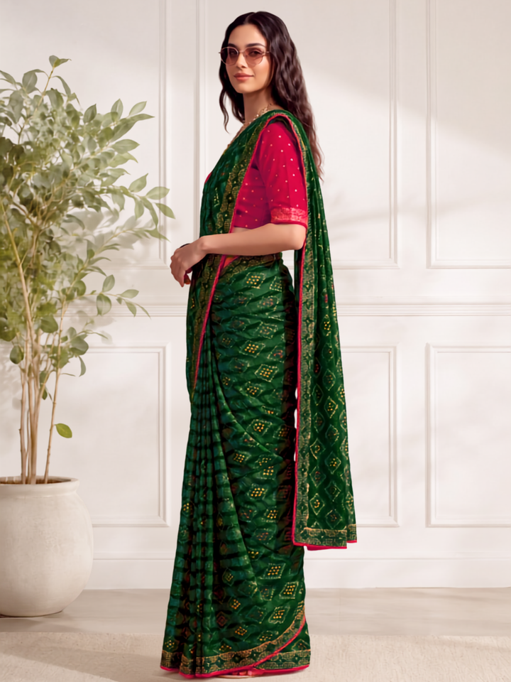Green Bandhani Printed Saree with Contrast Pink Border