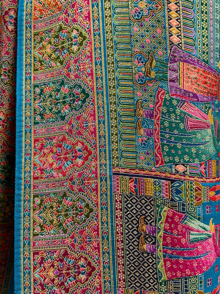 Teal Banarasi Silk Saree with Multicolour Royal Procession Pallu & Temple Border