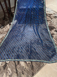 Navy Blue Saree with Turquoise Stripes, Silver Sequins & All-Over Mirror Work Border