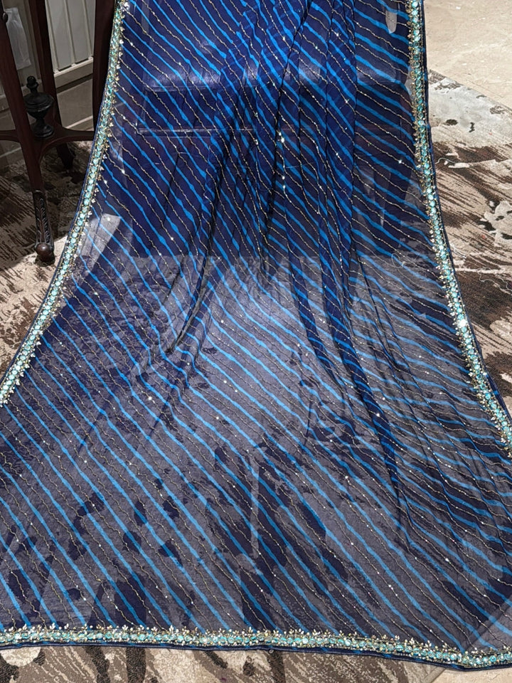 Navy Blue Saree with Turquoise Stripes, Silver Sequins & All-Over Mirror Work Border