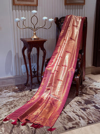 Rose Gold Banarasi Art Silk Saree with Magenta Zari Border & Paisley Butta, Tassel Pallu