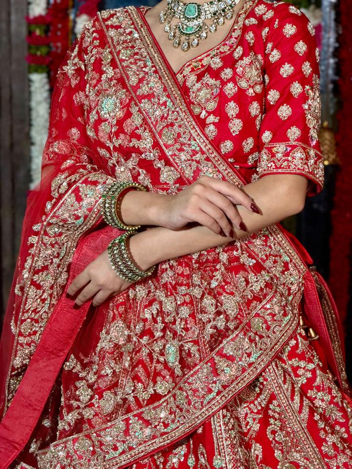 Silk Heavy Zari, Sequin & Mirror Embroidered Floral & Arch Motif Lehenga Choli with Dupatta in Red
