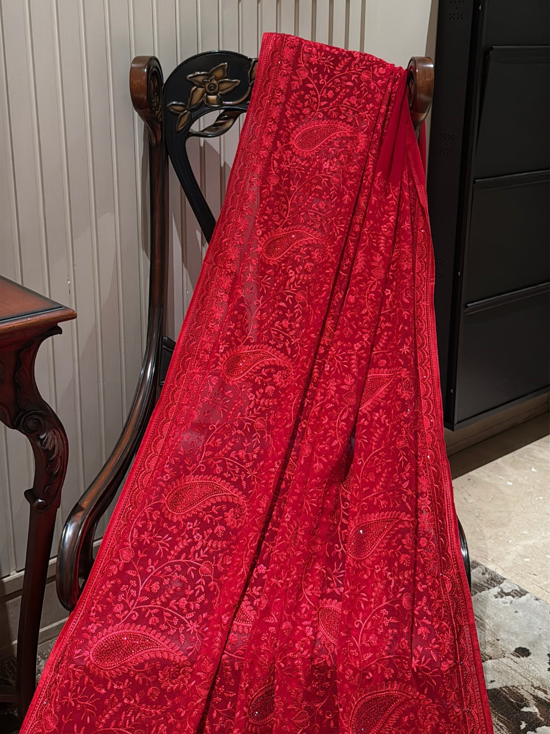 Red Georgette Saree with Tonal Paisley & Floral Thread Embroidery