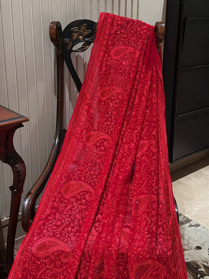 Red Georgette Saree with Tonal Paisley & Floral Thread Embroidery