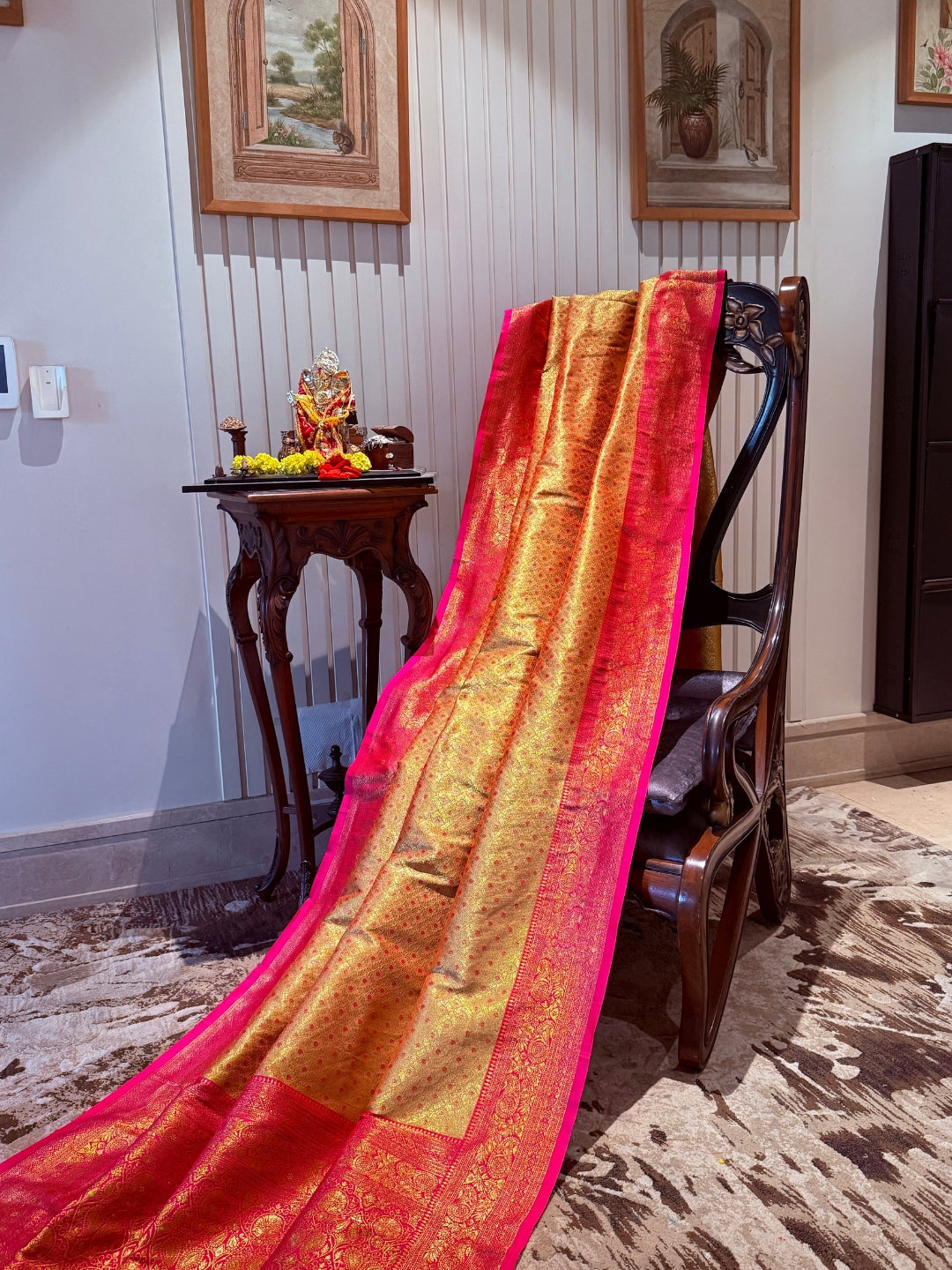 Golden Pink Zari Woven Banarasi Saree with Polka Dot Body & Floral Brocade Border