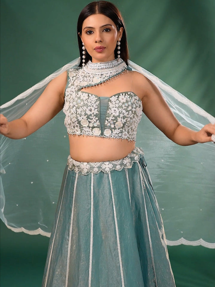 Floral Embroidered Lehenga Choli with Scallop Dupatta and Statement Neck Design