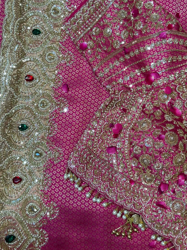 Heavy Saree with Pearl & Stone Embellished Stitched Blouse in Rani Pink