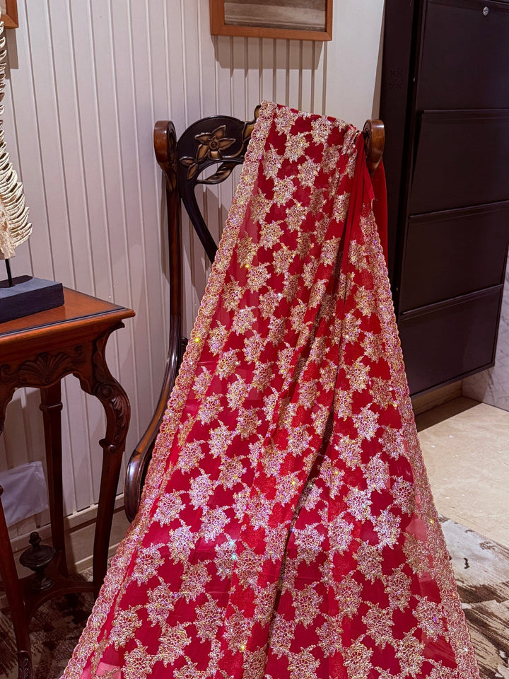 Red Net Saree with Dense Gold Floral Zari, Sequin & Bead Embroidery, Scallop Border