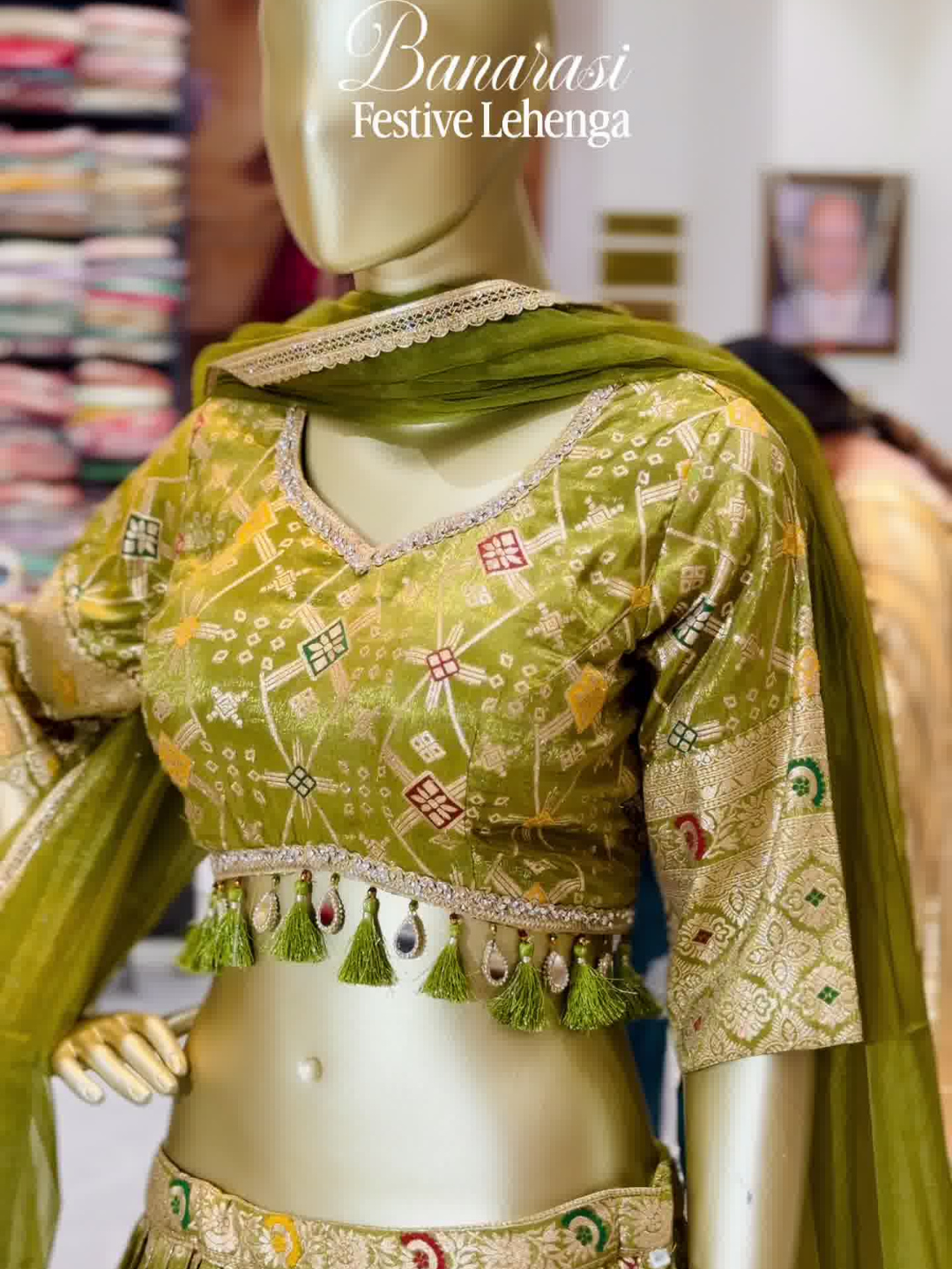 Banarasi Woven Lehenga Choli with Tassel Latkan in Mehendi Green