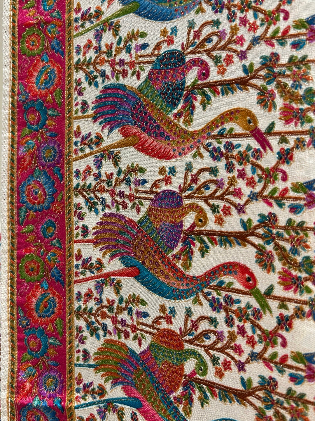 Off-White Banarasi Meenakari Silk Saree with Multicolour Bird Jaal & Contrast Pallu