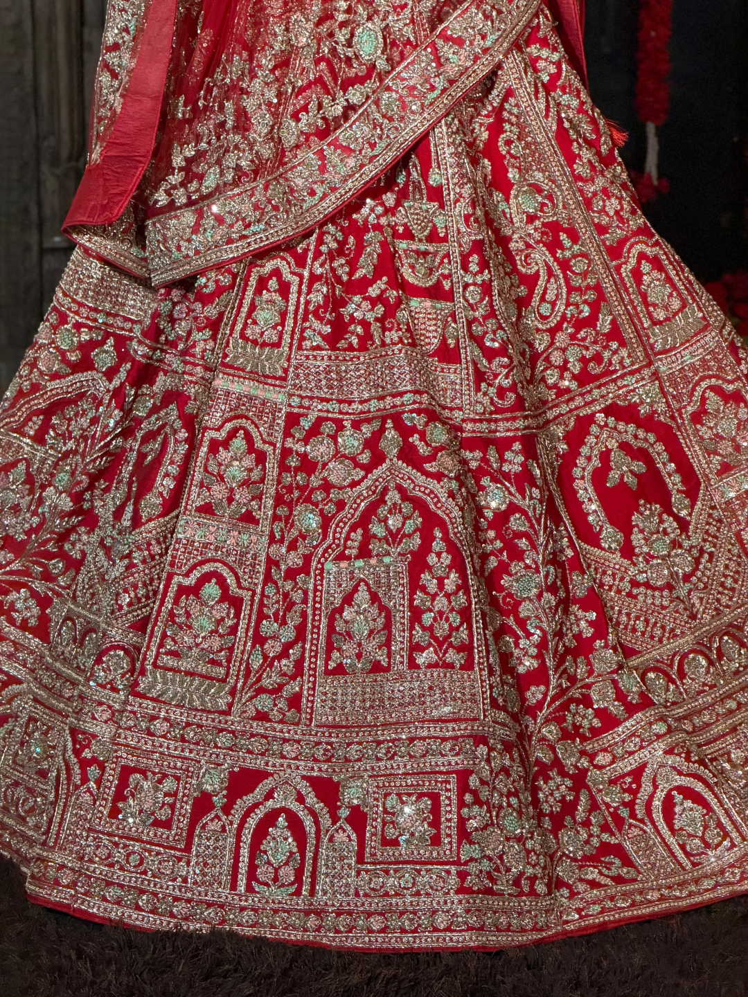Silk Heavy Zari, Sequin & Mirror Embroidered Floral & Arch Motif Lehenga Choli with Dupatta in Red