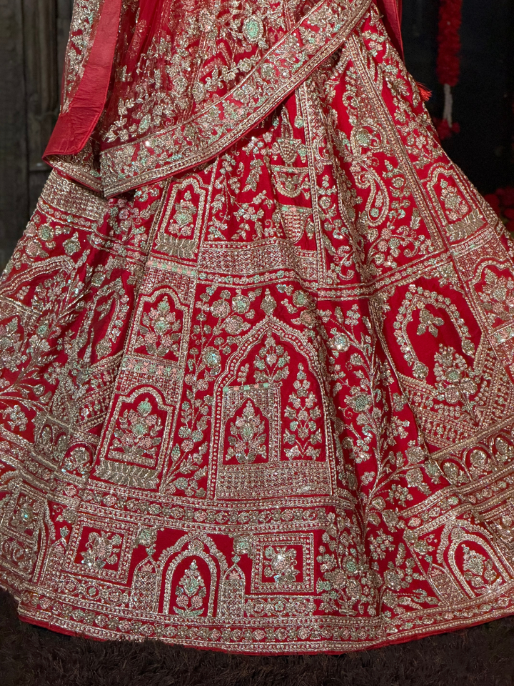 Silk Heavy Zari, Sequin & Mirror Embroidered Floral & Arch Motif Lehenga Choli with Dupatta in Red