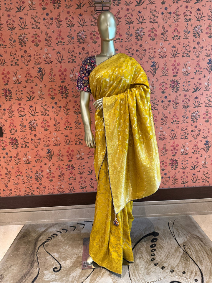 Mustard Yellow Saree with All-Over Zari Woven Floral Jaal & Embellished Border
