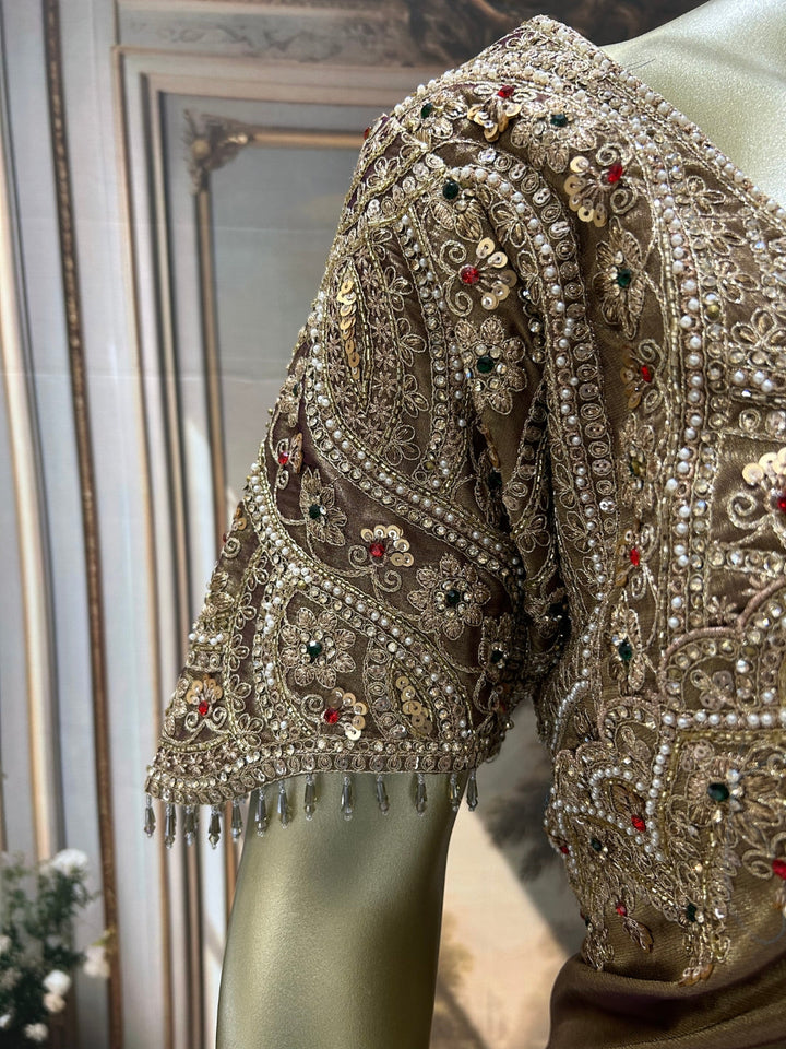 Olive Gold Silk Saree with Heavy Pearl, Zardozi & Stone Embroidered Scalloped Border