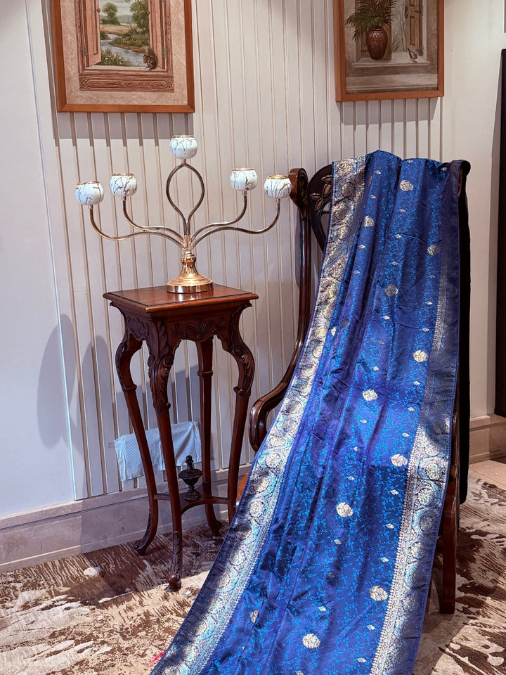 Zari Woven Banarasi Saree with Floral & Paisley Motifs, Golden Brocade Border
