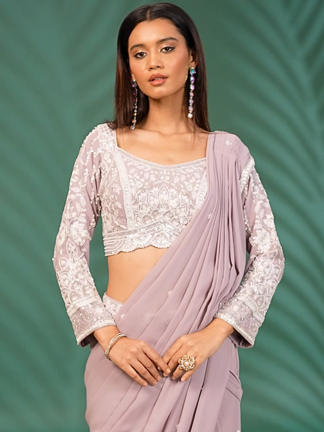 Pre-Stitched Saree with Intricate White Thread & Sequin Embroidery