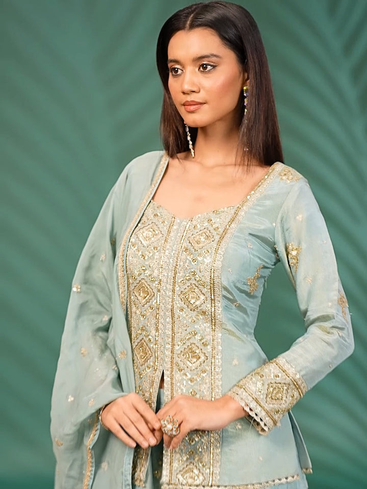 Embroidered Georgette Sharara Set with Sequin, Zari & Mirror Work Detailing