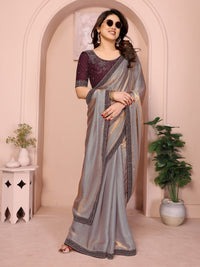 Shimmer Saree with Wine Embellished Blouse & Geometric Stone Work Border